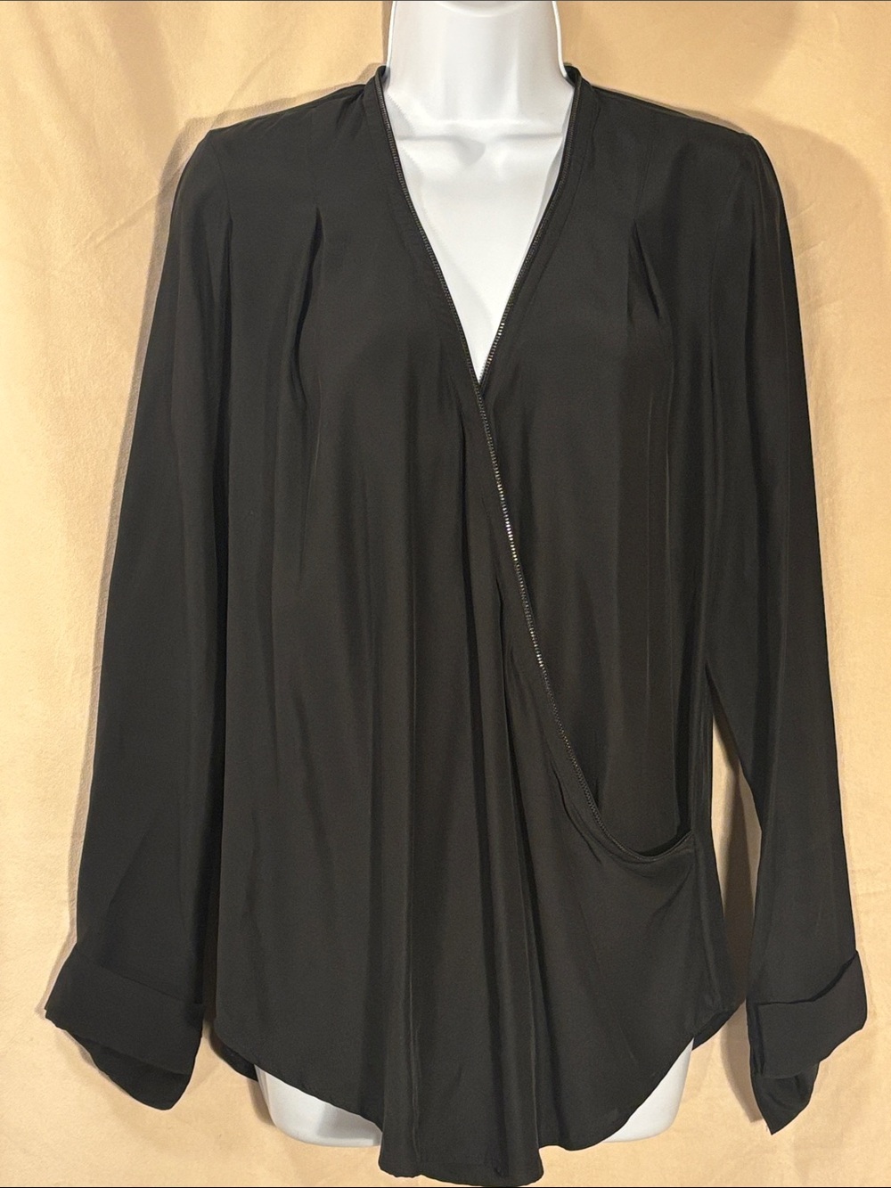 Elaine Kim Silk Black Draped V-Neck Women’s Top Zipper Detail Modern Lux